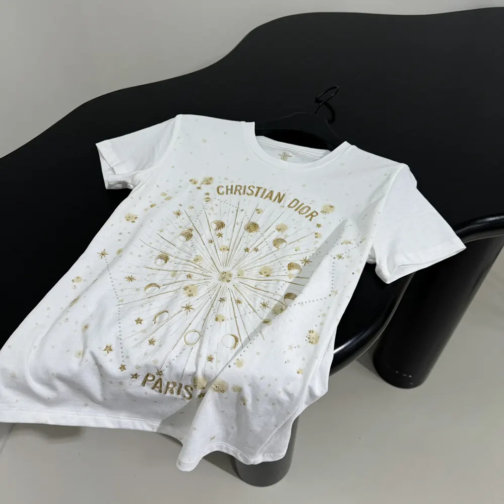 Dior Women Embroidered T-Shirt White Cotton Jersey with Gold-Tone Dior Astral Motif