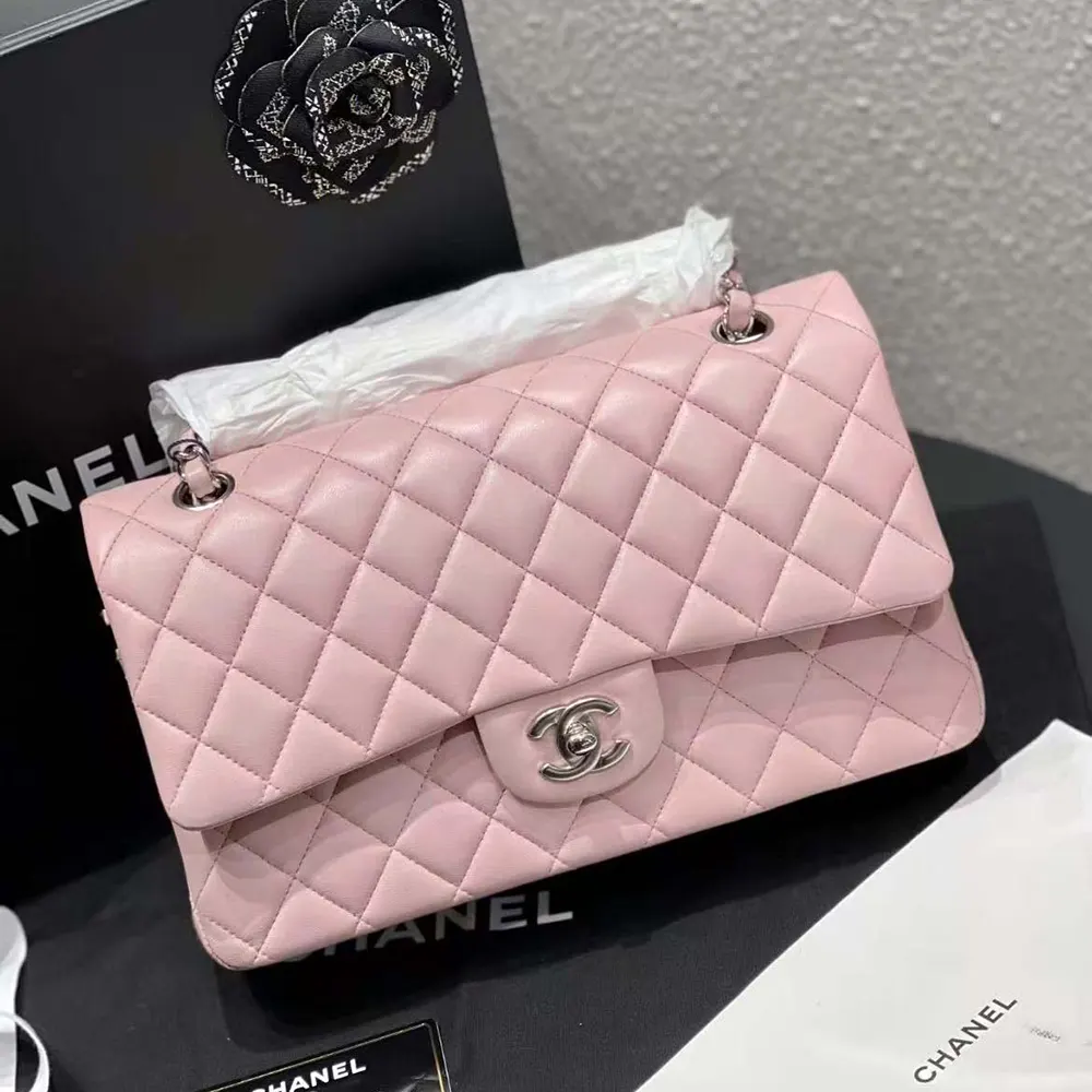 Chanel Women Classic 11.12 Handbag in Lambskin Leather-Light Pink/Silver