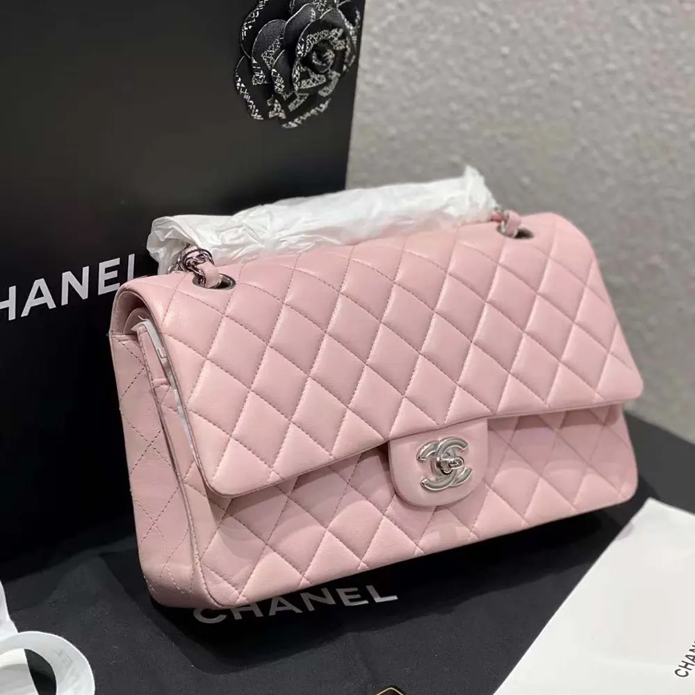 Chanel Women Classic 11.12 Handbag in Lambskin Leather-Light Pink/Silver