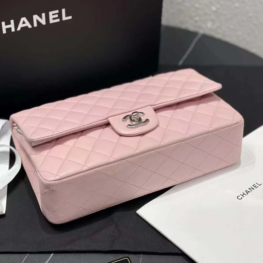 Chanel Women Classic 11.12 Handbag in Lambskin Leather-Light Pink/Silver