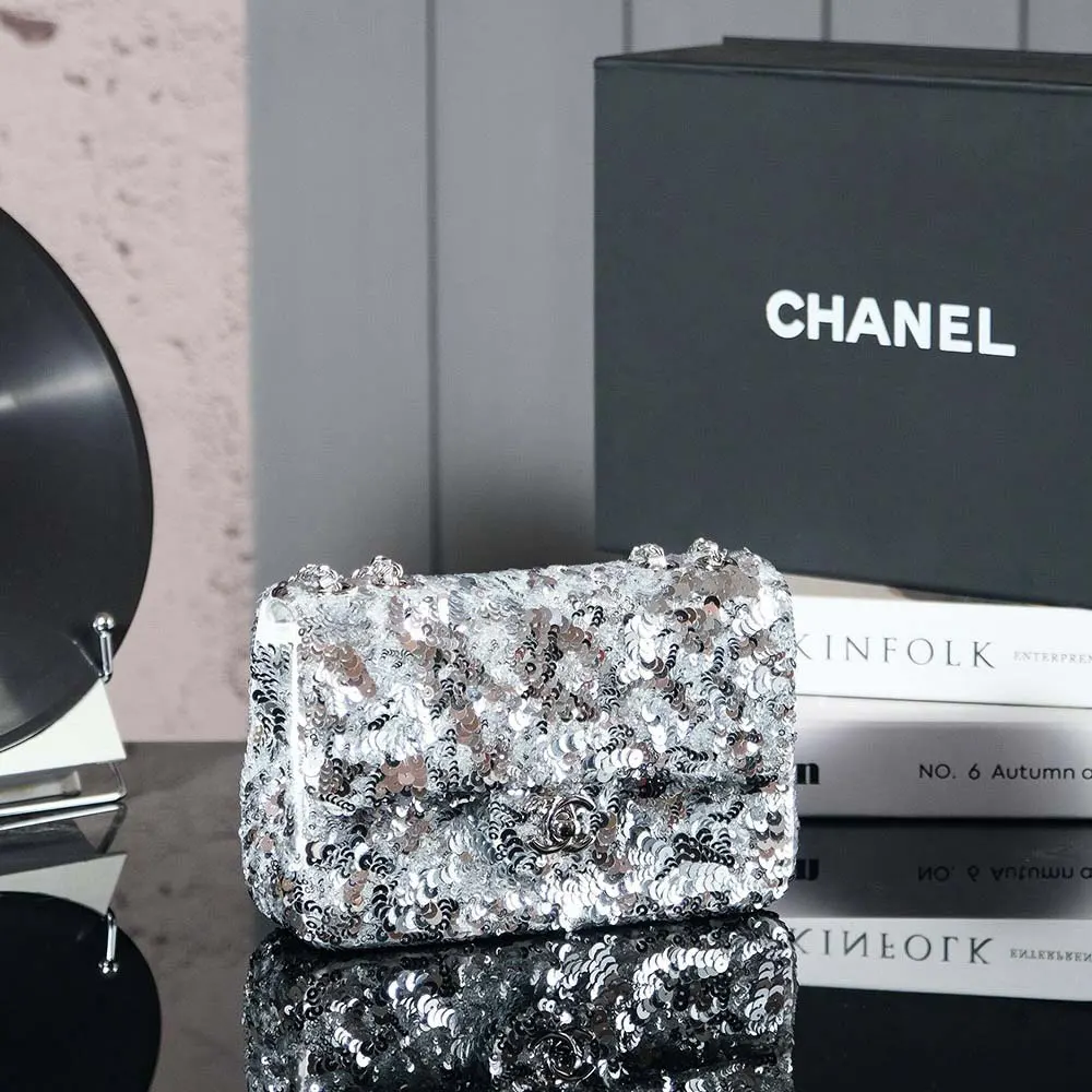 Chanel Women Flap Bag Sequins Silver Tone Metal AS4561