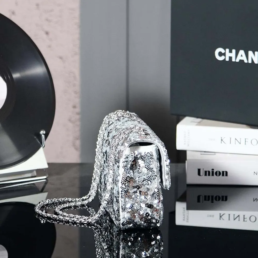 Chanel Women Flap Bag Sequins Silver Tone Metal AS4561