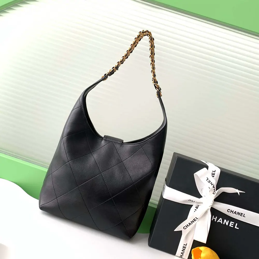Chanel Women Large Hobo Bag Shiny Lambskin Gold Tone Metal AS5410