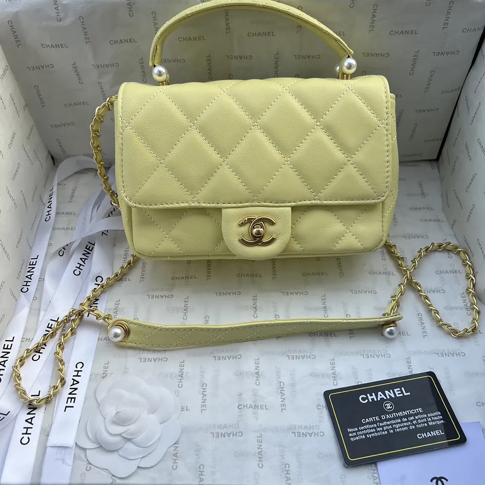 Chanel Women Mini Flap Bag with Top Handle Shiny Lambskin Imitation Pearls-Yellow